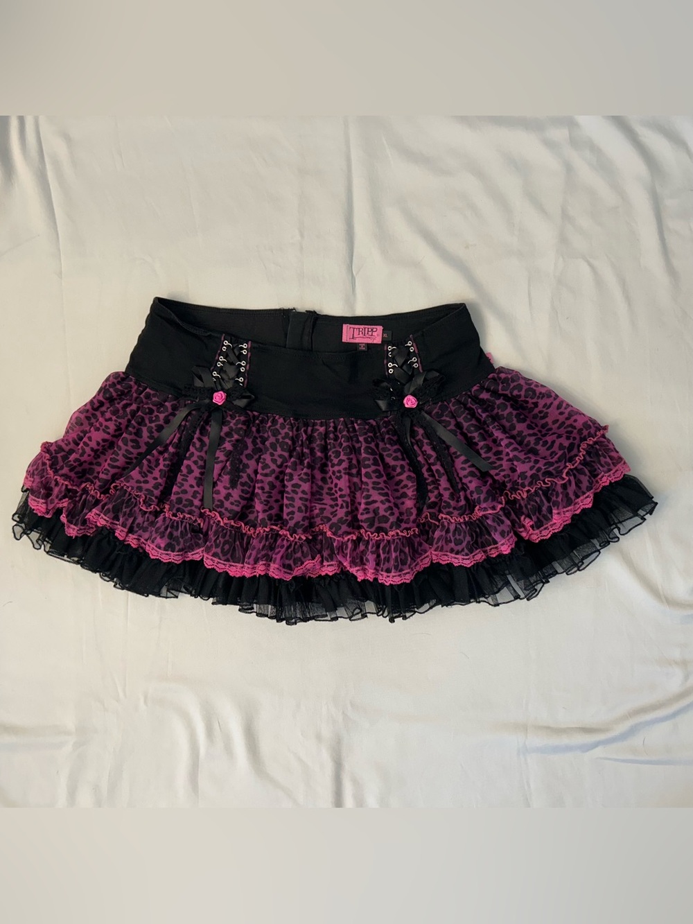 RARE Tripp NYC Black + Pink Cheetah Print Tulle Tutu Skirt w Lace Bow Details